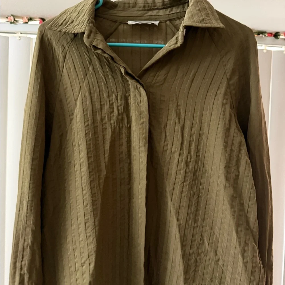 Everlane The City Stripe Shirt in Beech Olive Green Sz 6 Viscose Stripe Button - Picture 3 of 6